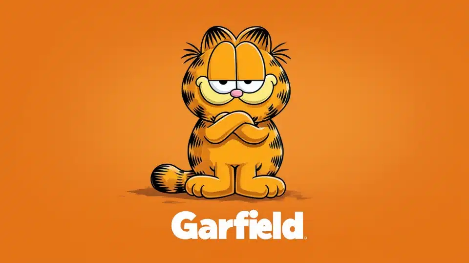 Personajul de desene animate Garfield stând cu brațele încrucișate pe un fundal portocaliu, cu numele scris dedesubt.